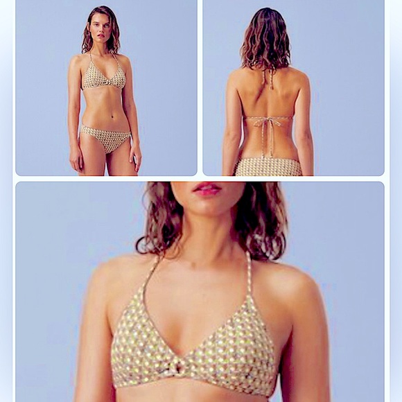 NWT (XS) Tory Burch buttermilk basketweave all new string bikini top hoop halter - Picture 7 of 9